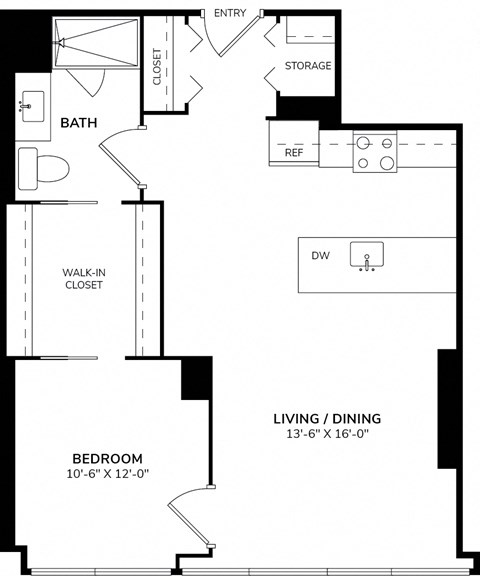 Floor plan for 1 bed, 1 bath, 799 sqft